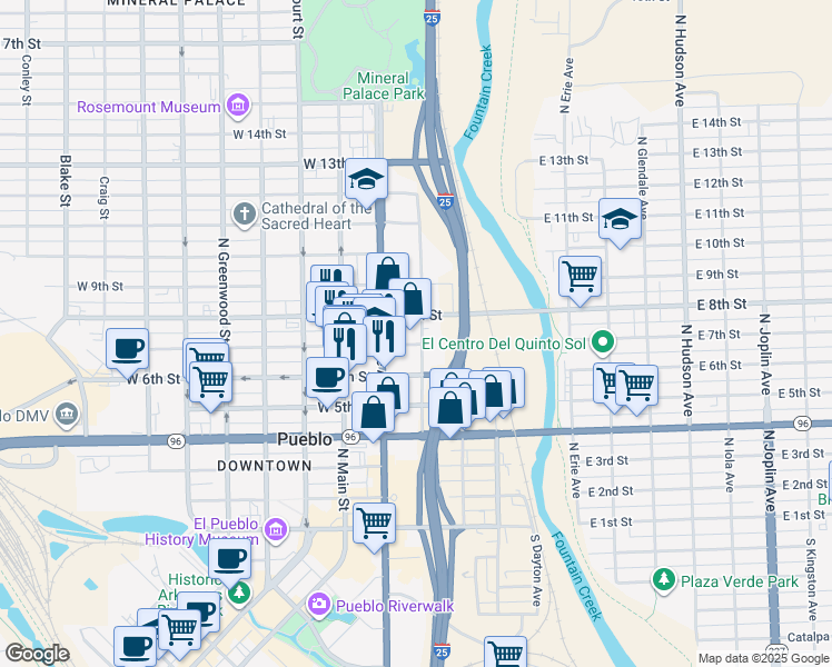 map of restaurants, bars, coffee shops, grocery stores, and more near 700-798 N Albany Ave in Pueblo