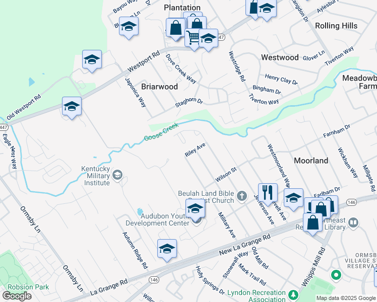 map of restaurants, bars, coffee shops, grocery stores, and more near 8921 Riley Avenue in Louisville