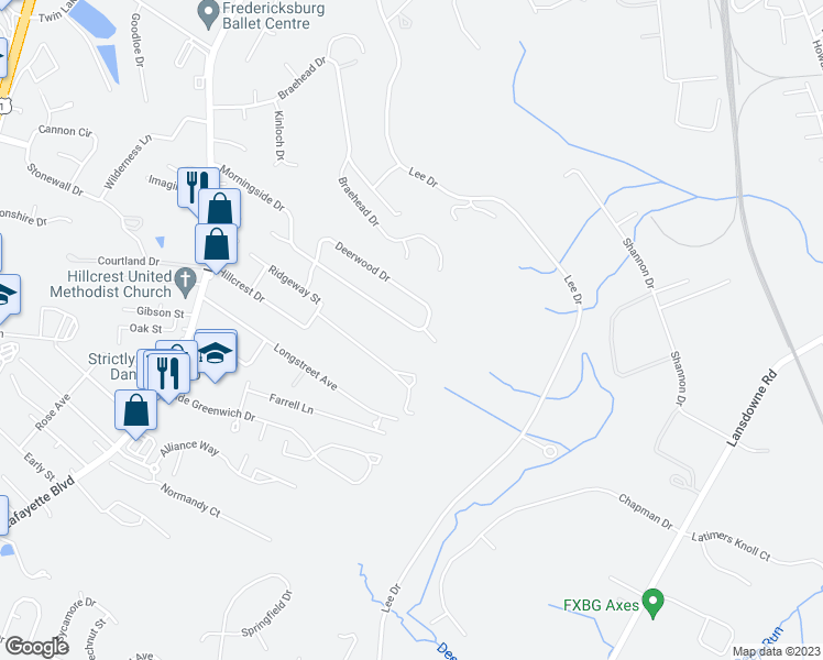 map of restaurants, bars, coffee shops, grocery stores, and more near 430 Morningside Drive in Fredericksburg