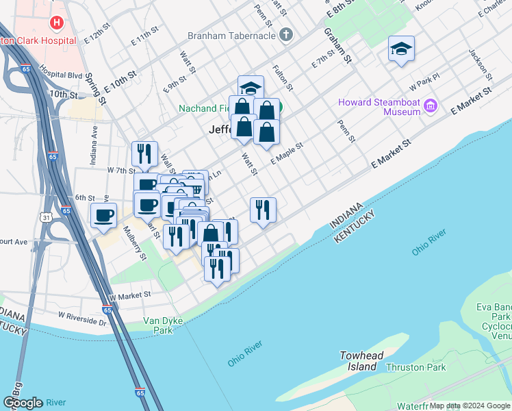 map of restaurants, bars, coffee shops, grocery stores, and more near 428 East Chestnut Street in Jeffersonville