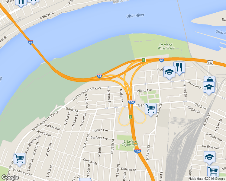 map of restaurants, bars, coffee shops, grocery stores, and more near 3826 Northwestern Parkway in Louisville