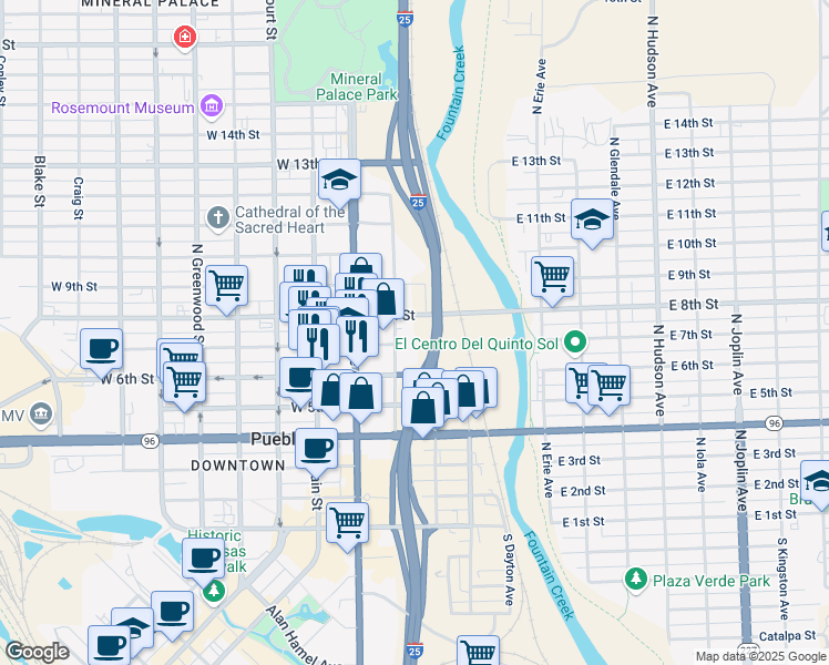 map of restaurants, bars, coffee shops, grocery stores, and more near 700 North Albany Avenue in Pueblo