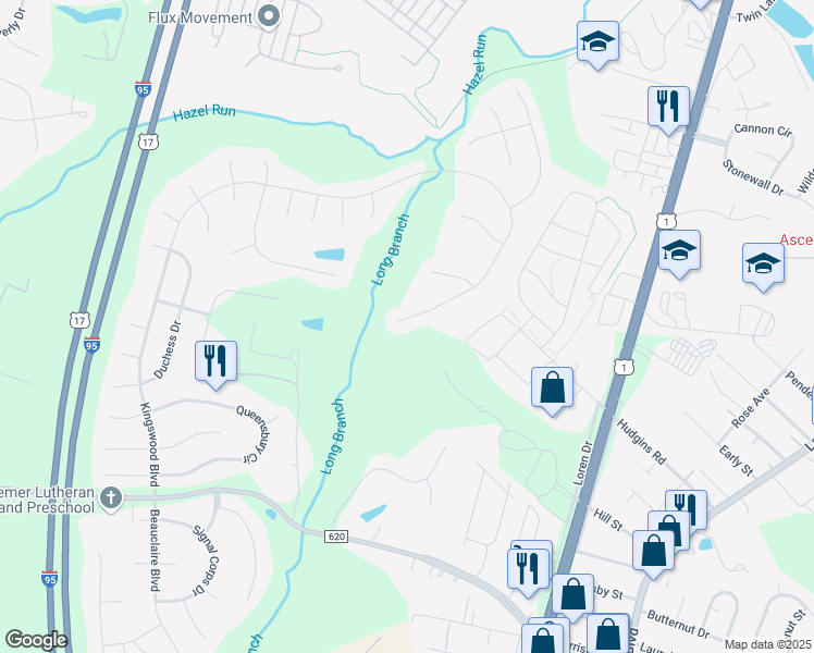 map of restaurants, bars, coffee shops, grocery stores, and more near 12126 Kingswood Boulevard in Fredericksburg
