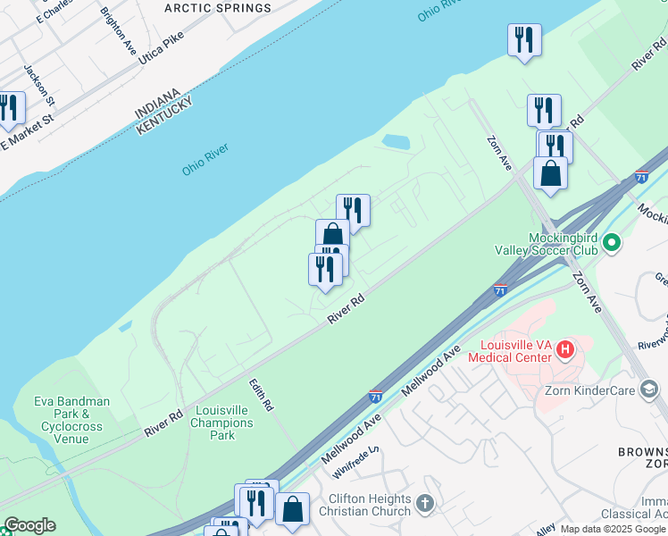 map of restaurants, bars, coffee shops, grocery stores, and more near 2307 River Road in Louisville