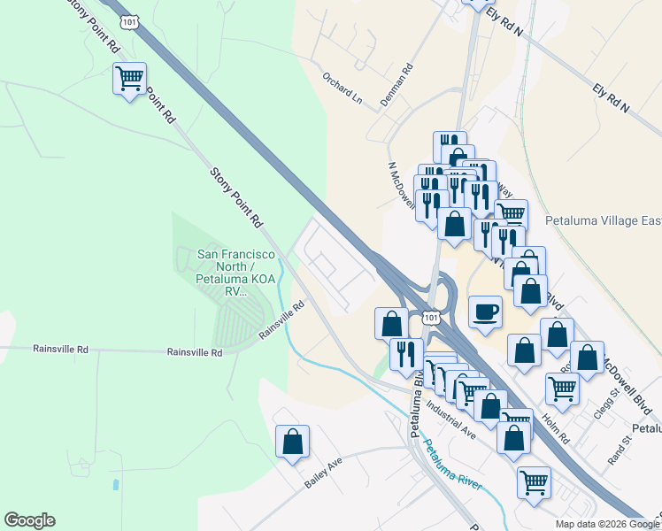 map of restaurants, bars, coffee shops, grocery stores, and more near 300 Stony Point Road in Petaluma