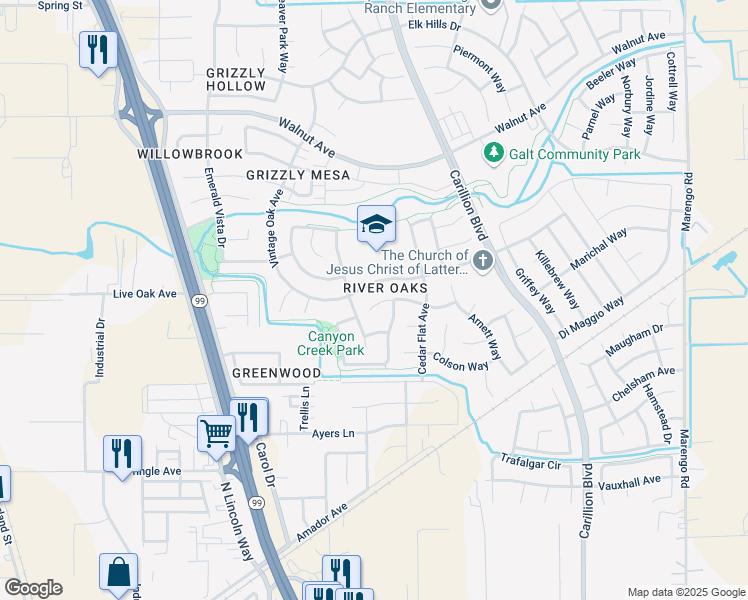 map of restaurants, bars, coffee shops, grocery stores, and more near 901 Cold Brook Court in Galt