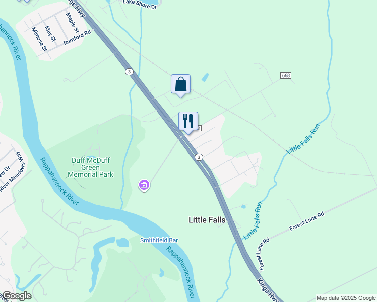 map of restaurants, bars, coffee shops, grocery stores, and more near 712 Kings Highway in Fredericksburg