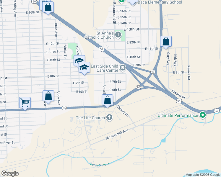map of restaurants, bars, coffee shops, grocery stores, and more near 2609 East 6th Street in Pueblo