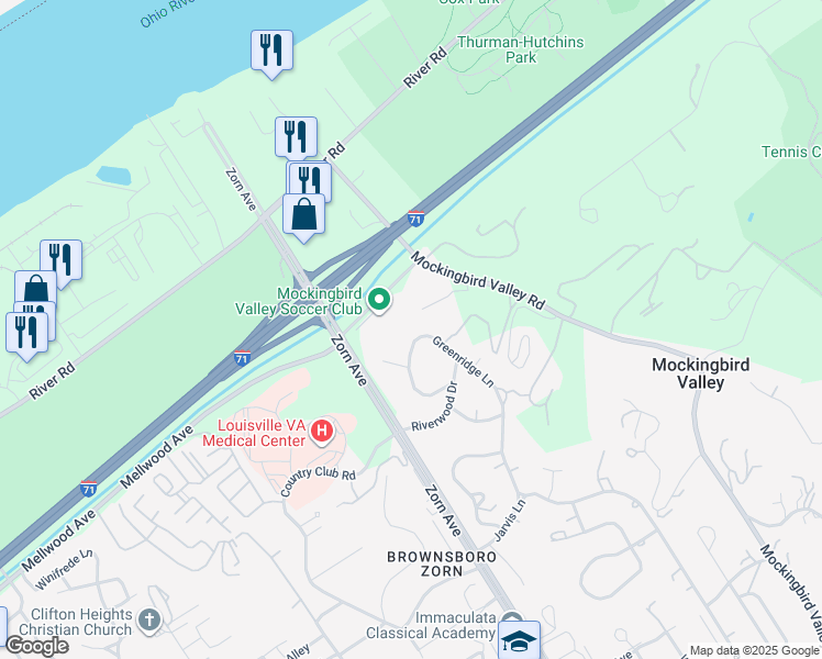 map of restaurants, bars, coffee shops, grocery stores, and more near 753 Greenridge Lane in Louisville