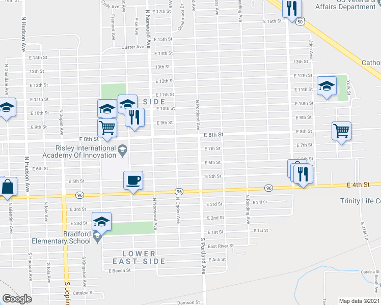 map of restaurants, bars, coffee shops, grocery stores, and more near 1628 E 7th St in Pueblo