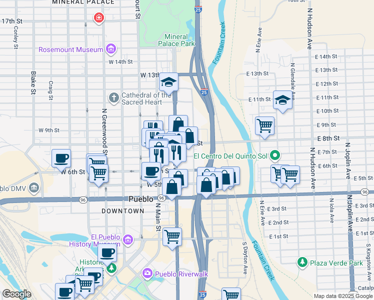 map of restaurants, bars, coffee shops, grocery stores, and more near 700-798 N Albany Ave in Pueblo