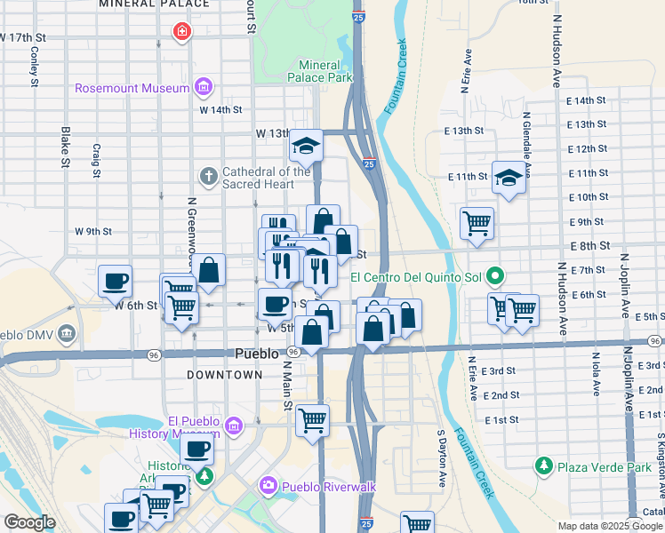 map of restaurants, bars, coffee shops, grocery stores, and more near 780 North Santa Fe Avenue in Pueblo