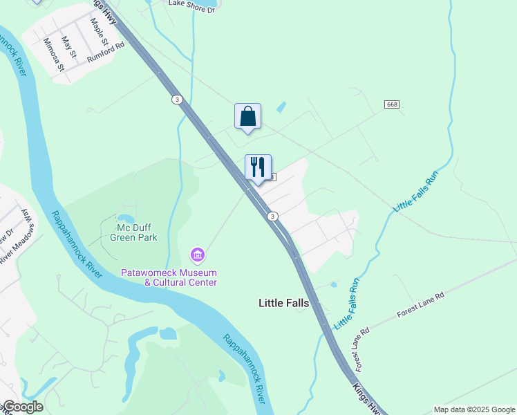map of restaurants, bars, coffee shops, grocery stores, and more near 712 Kings Highway in Fredericksburg