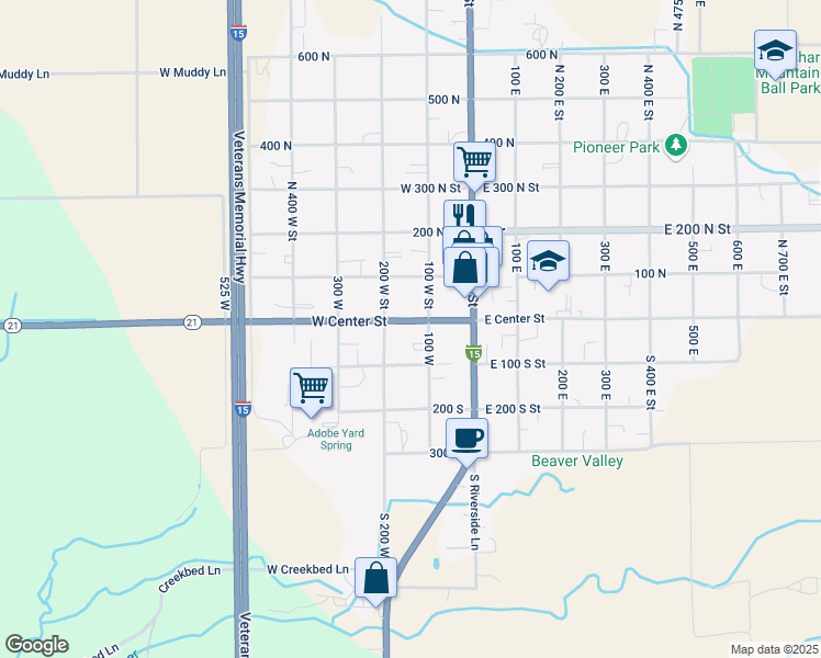 map of restaurants, bars, coffee shops, grocery stores, and more near 175 West Center Street in Beaver