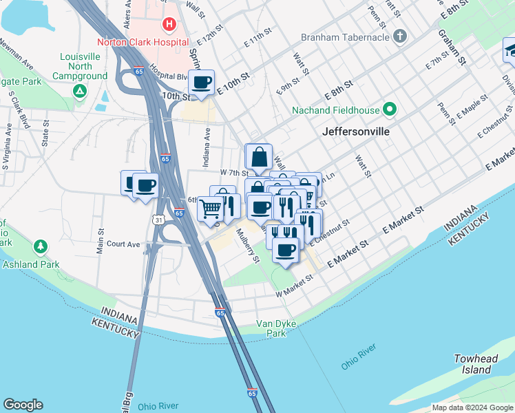 map of restaurants, bars, coffee shops, grocery stores, and more near 120 West Court Avenue in Jeffersonville