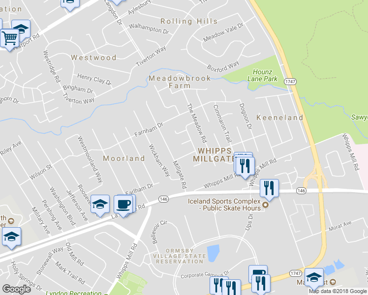 map of restaurants, bars, coffee shops, grocery stores, and more near 9504 Meadowgate Court in Louisville