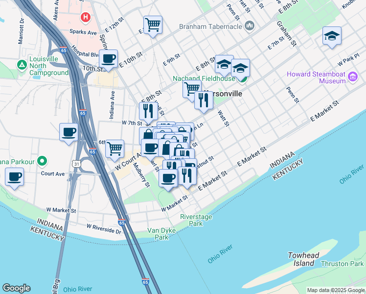 map of restaurants, bars, coffee shops, grocery stores, and more near 410 Wall Street in Jeffersonville