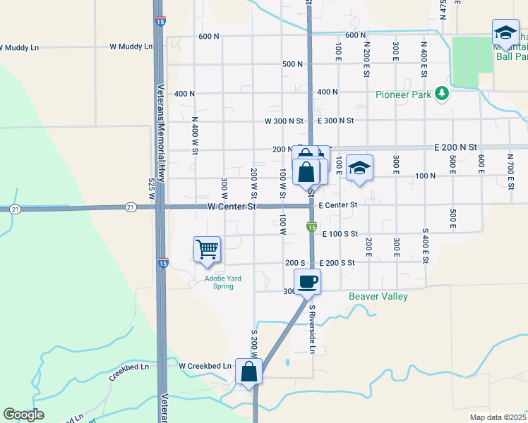 map of restaurants, bars, coffee shops, grocery stores, and more near 175 West Center Street in Beaver