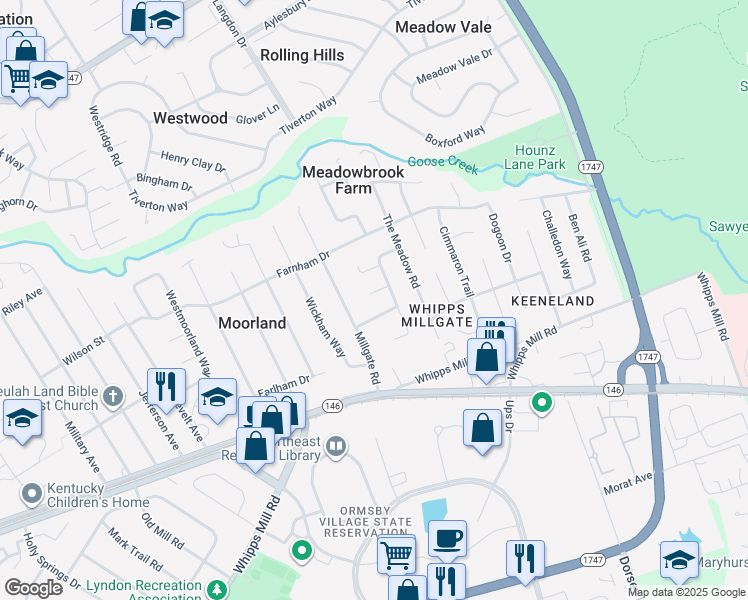 map of restaurants, bars, coffee shops, grocery stores, and more near 9504 Meadowgate Court in Louisville