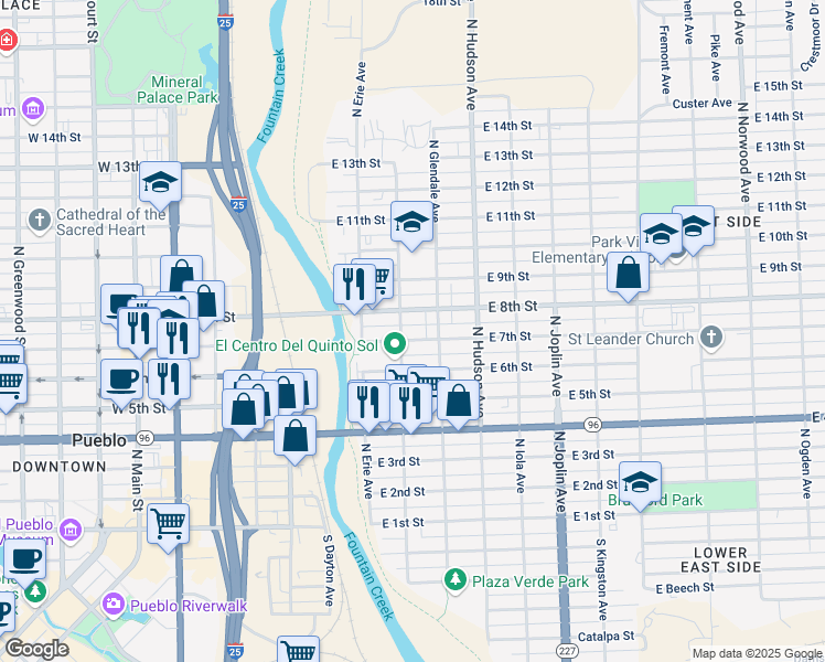 map of restaurants, bars, coffee shops, grocery stores, and more near 709 East 7th Street in Pueblo