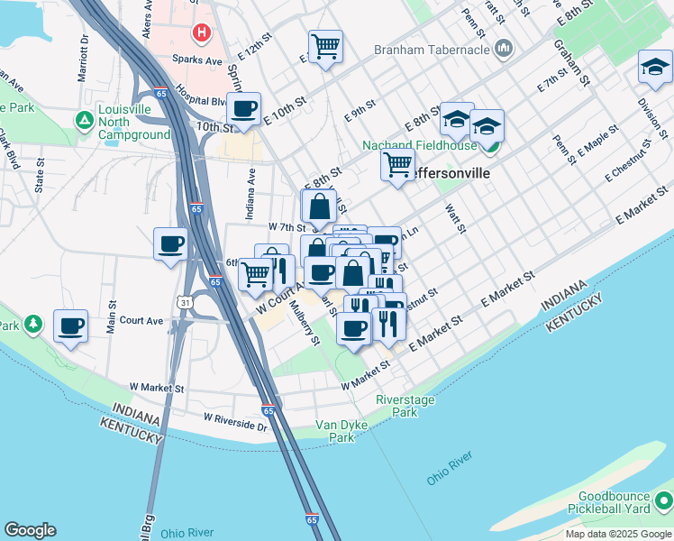 map of restaurants, bars, coffee shops, grocery stores, and more near 120 West Court Avenue in Jeffersonville