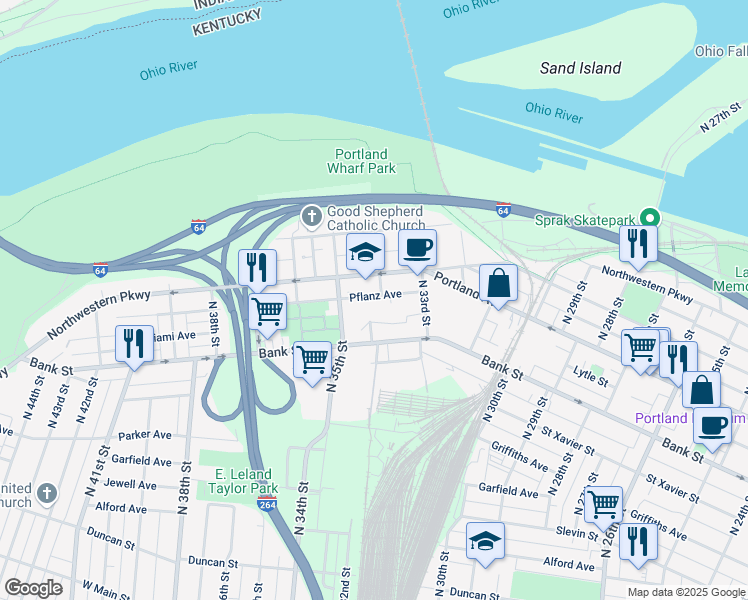 map of restaurants, bars, coffee shops, grocery stores, and more near 3404 Pflanz Avenue in Louisville