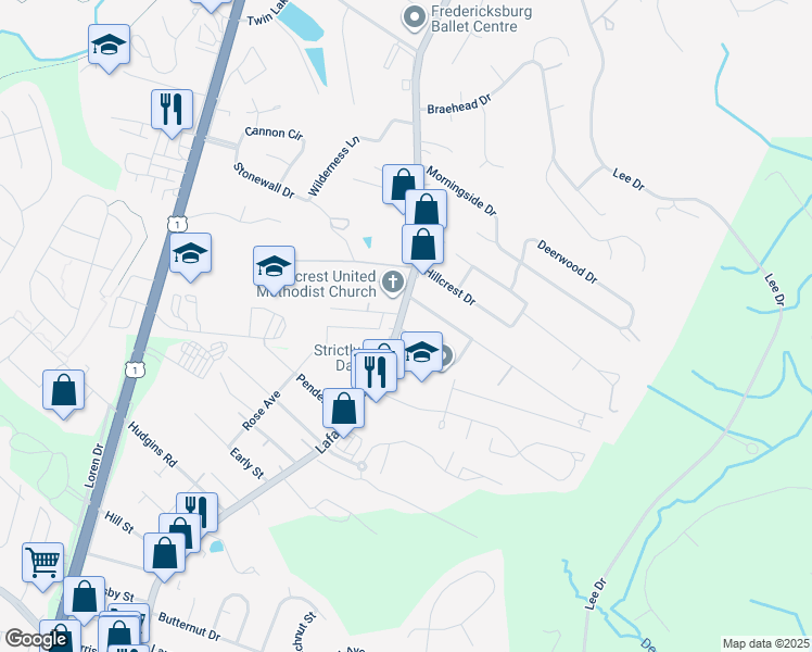 map of restaurants, bars, coffee shops, grocery stores, and more near 2311 Lafayette Boulevard in Fredericksburg