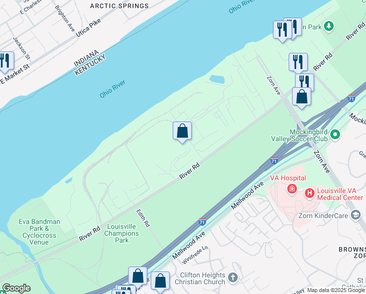 map of restaurants, bars, coffee shops, grocery stores, and more near 2307 River Road in Louisville