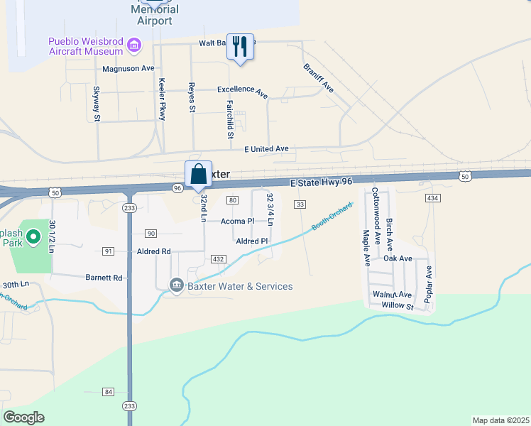 map of restaurants, bars, coffee shops, grocery stores, and more near 125 32 3/4 Lane in Pueblo