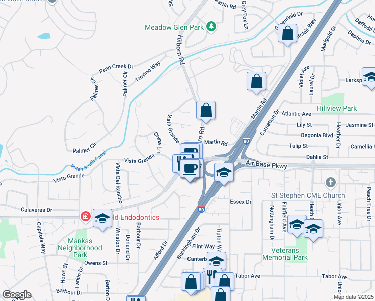 map of restaurants, bars, coffee shops, grocery stores, and more near 2491 Vista Grande in Fairfield