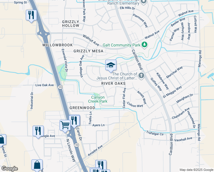 map of restaurants, bars, coffee shops, grocery stores, and more near 901 Cold Brook Court in Galt