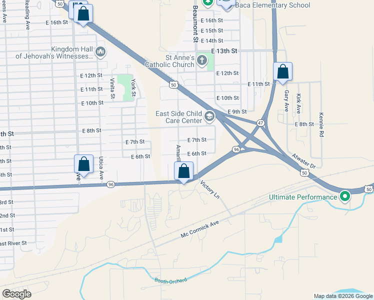 map of restaurants, bars, coffee shops, grocery stores, and more near 2609 E 6th St in Pueblo