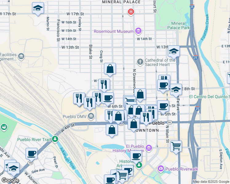 map of restaurants, bars, coffee shops, grocery stores, and more near 624 W 8th St in Pueblo