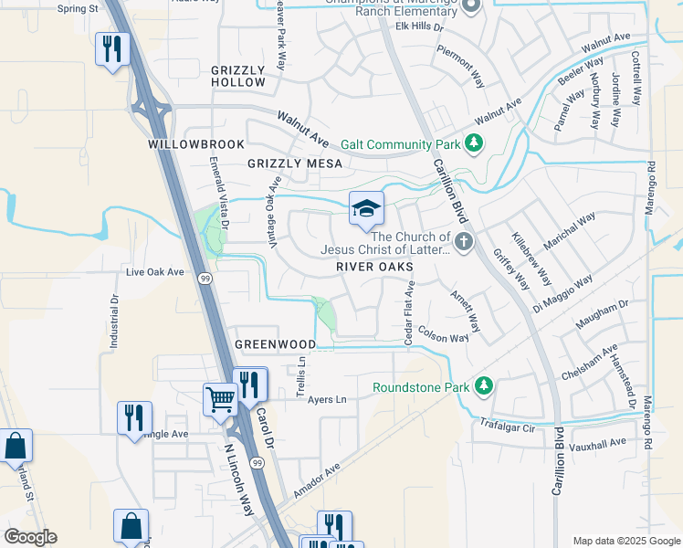 map of restaurants, bars, coffee shops, grocery stores, and more near Vintage Oak Ave & Summit Lakes Way in Galt