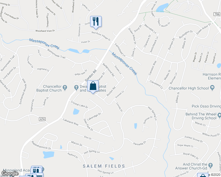 map of restaurants, bars, coffee shops, grocery stores, and more near 11412 Roslyn Road in Fredericksburg