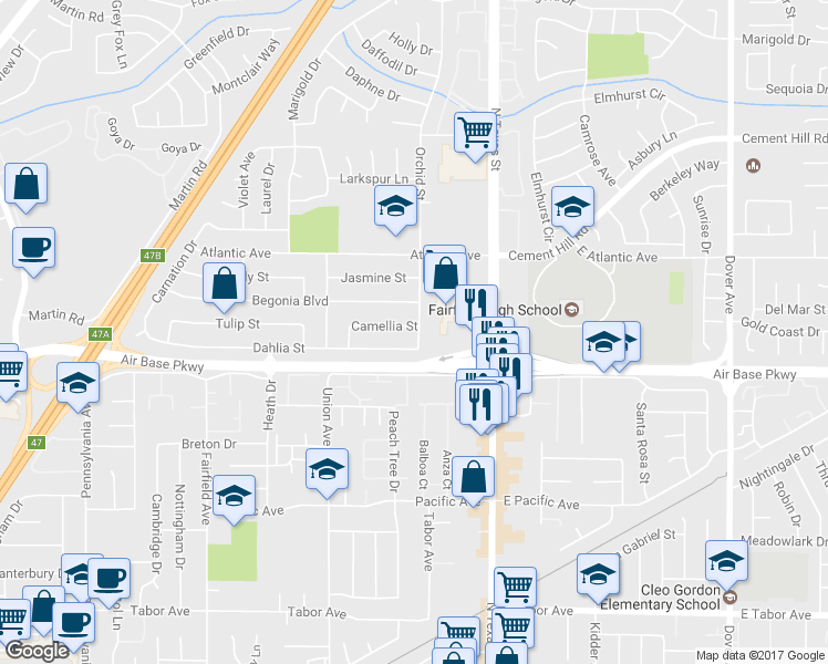 map of restaurants, bars, coffee shops, grocery stores, and more near 205 Camellia Street in Fairfield