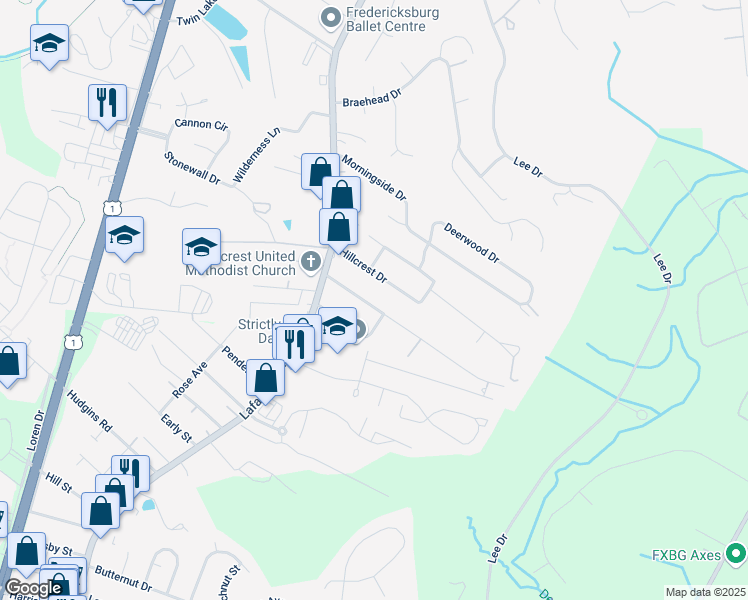 map of restaurants, bars, coffee shops, grocery stores, and more near 121 Longstreet Avenue in Fredericksburg