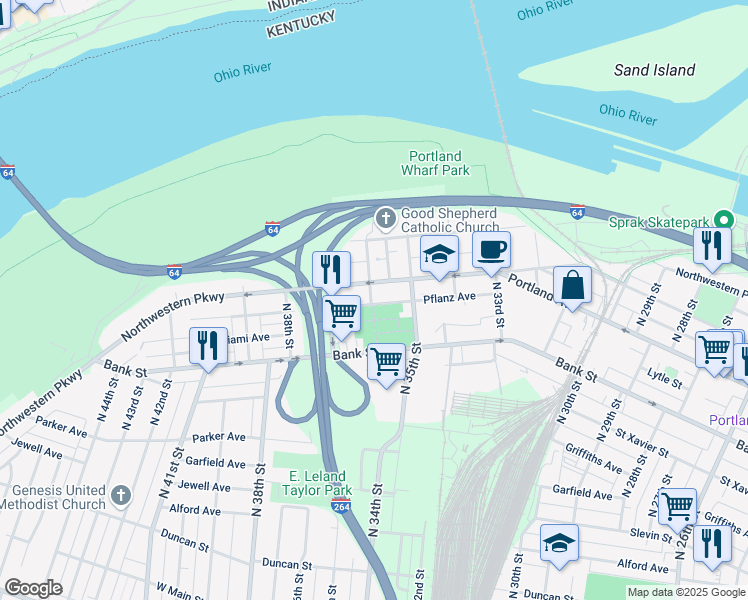 map of restaurants, bars, coffee shops, grocery stores, and more near 415 North 36th Street in Louisville