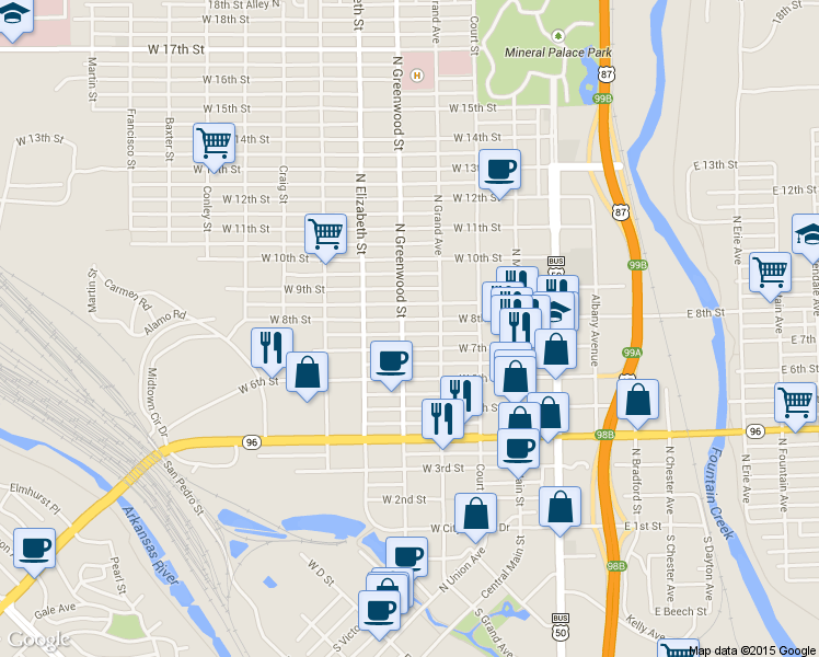 map of restaurants, bars, coffee shops, grocery stores, and more near 720 N Greenwood St in Pueblo
