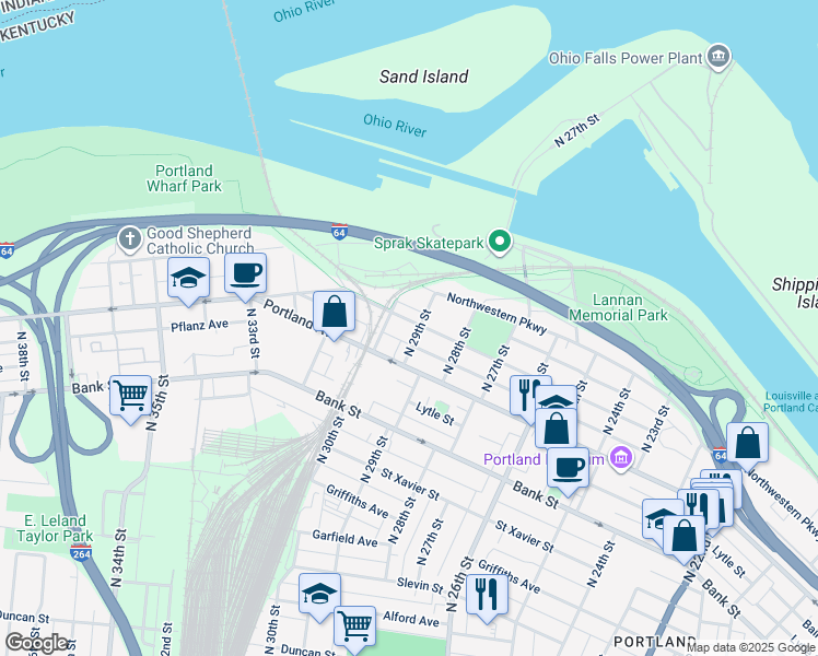 map of restaurants, bars, coffee shops, grocery stores, and more near 2906 Montgomery Street in Louisville