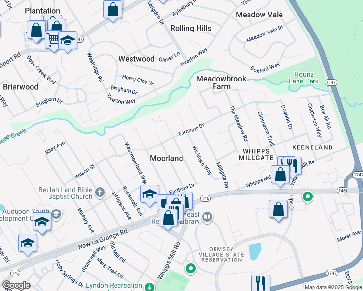 map of restaurants, bars, coffee shops, grocery stores, and more near 1807 Brentmoor Lane in Louisville