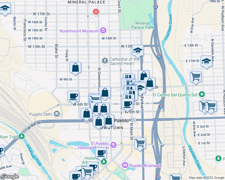map of restaurants, bars, coffee shops, grocery stores, and more near 326 West 8th Street in Pueblo