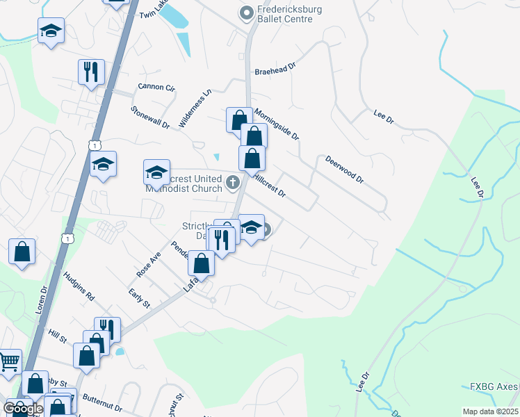 map of restaurants, bars, coffee shops, grocery stores, and more near 110 Longstreet Avenue in Fredericksburg