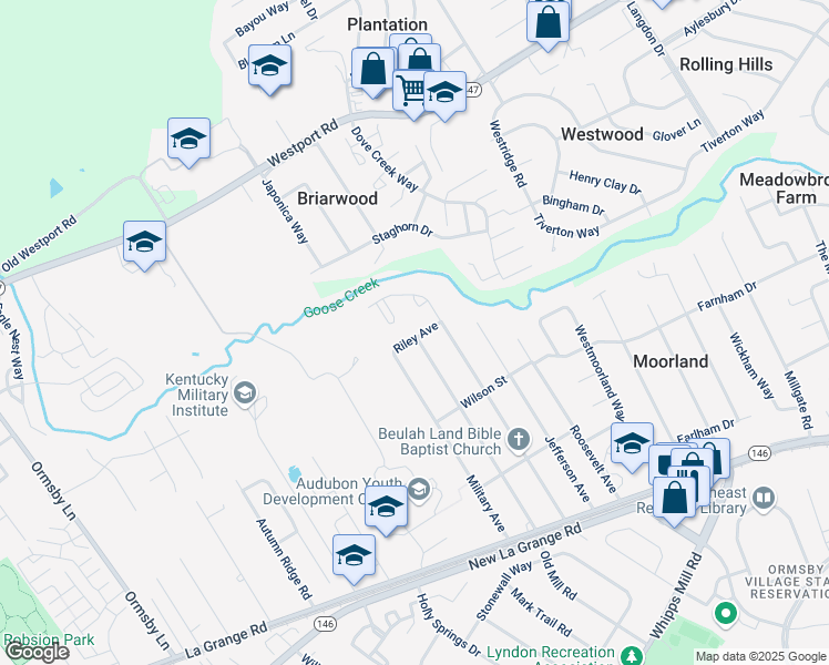 map of restaurants, bars, coffee shops, grocery stores, and more near 8921 Riley Avenue in Louisville