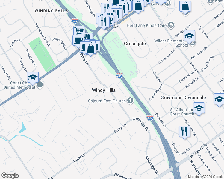map of restaurants, bars, coffee shops, grocery stores, and more near 2403 Rudy Lane in Louisville