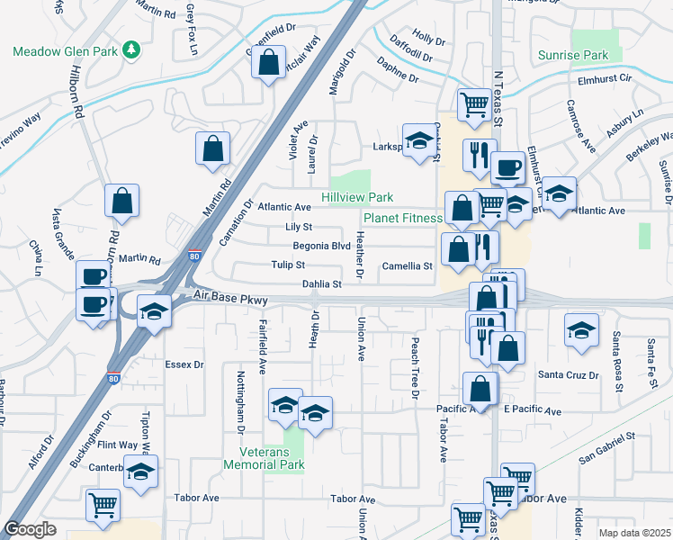 map of restaurants, bars, coffee shops, grocery stores, and more near 313 Tulip Street in Fairfield