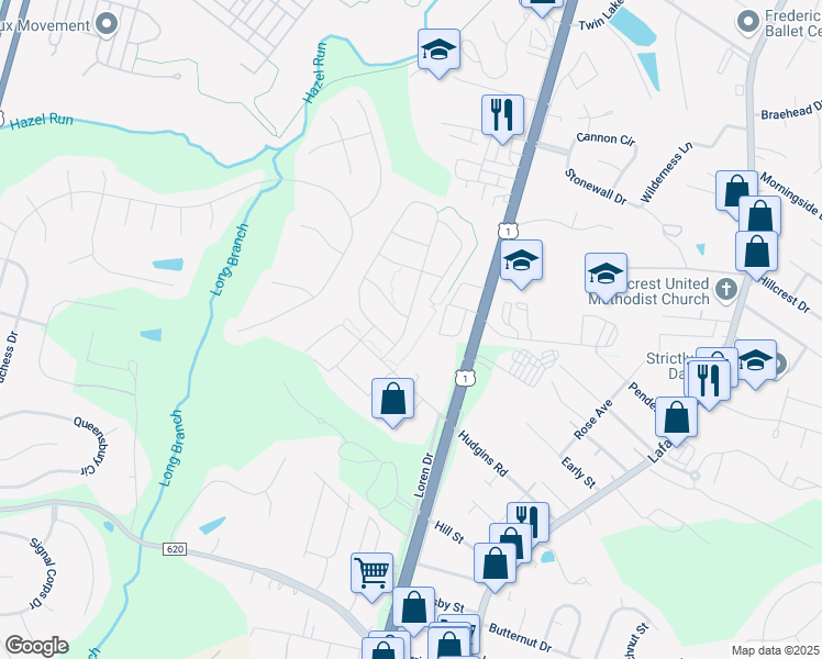 map of restaurants, bars, coffee shops, grocery stores, and more near 1210 Hudgins Farm Circle in Fredericksburg