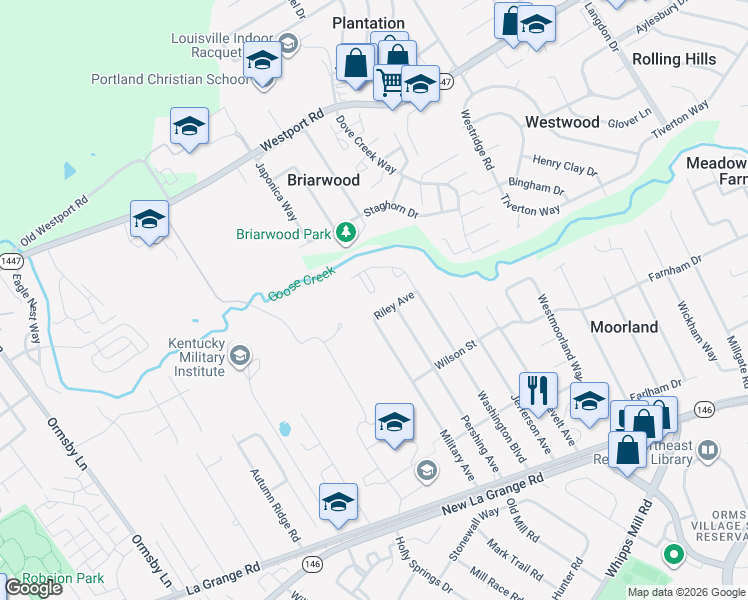 map of restaurants, bars, coffee shops, grocery stores, and more near 8801 Riley Avenue in Louisville