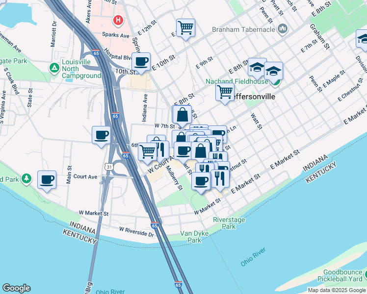 map of restaurants, bars, coffee shops, grocery stores, and more near 120 West Court Avenue in Jeffersonville