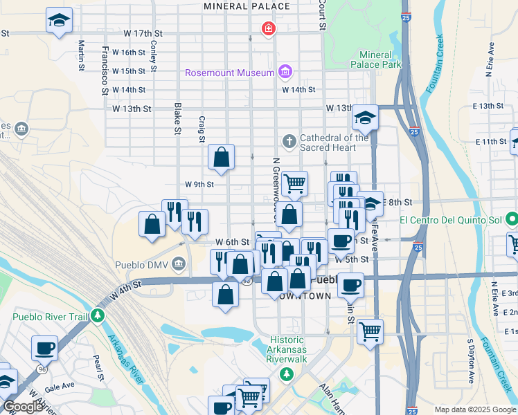 map of restaurants, bars, coffee shops, grocery stores, and more near 728 North Elizabeth Street in Pueblo